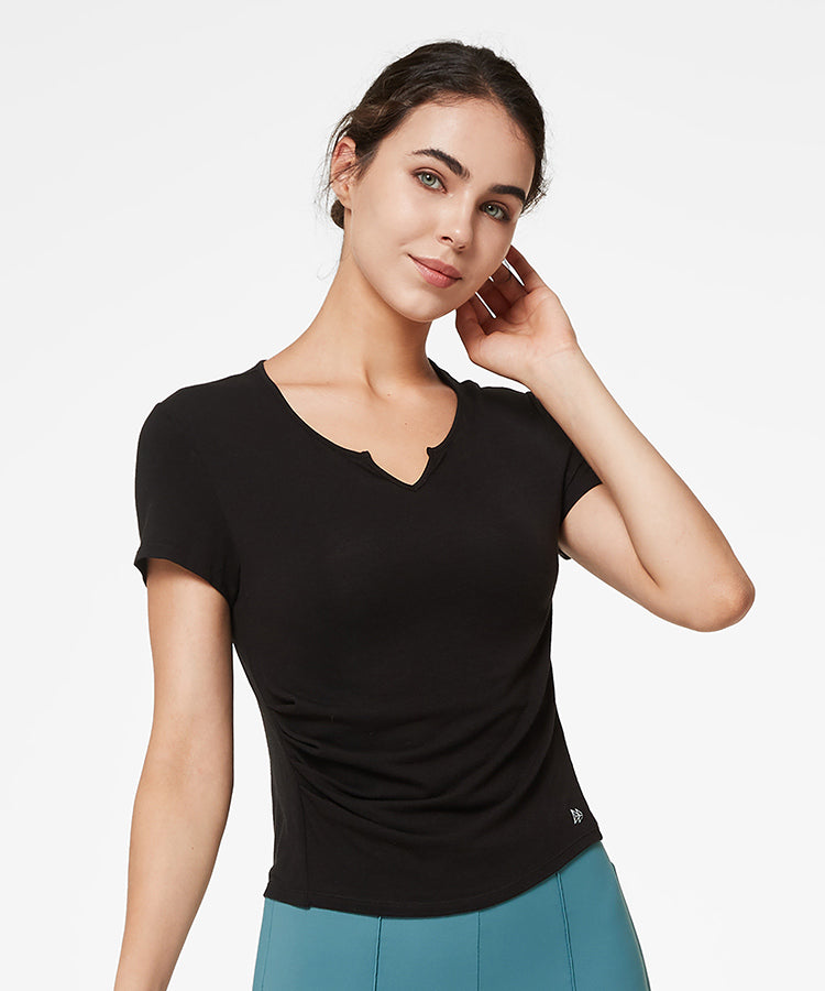 Shift V-Neck Pleated Yoga T-shirt | Women's Sports T-shirt – Yvette